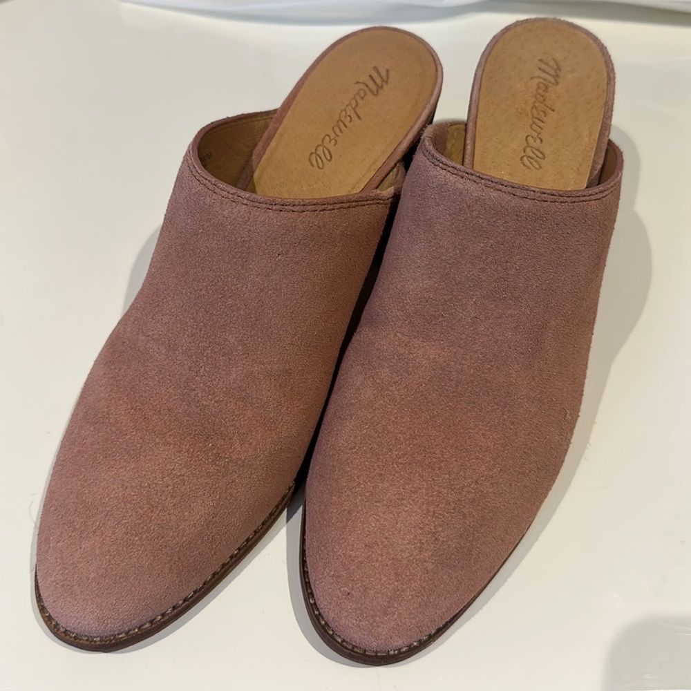 Madewell pink suede heeled mules, size 9
